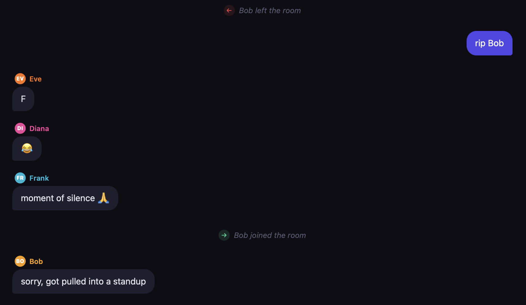 Presence events shown inline in the message thread as users join and disconnect.