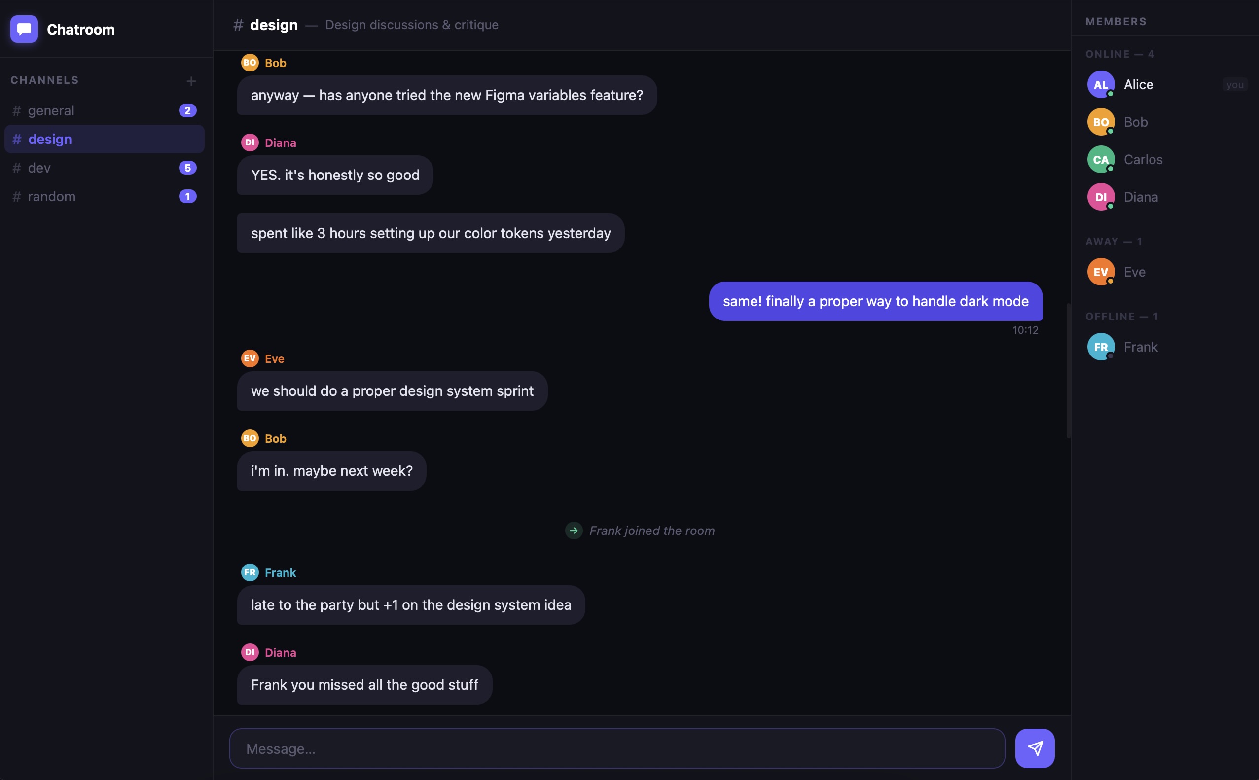 Chat interface showing multiple active rooms, user presence indicators, and message history.