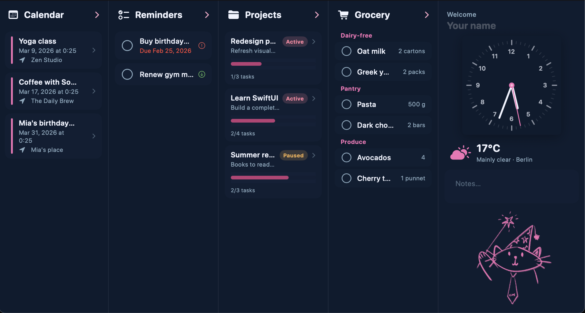 Digital Assistance Board — the full dashboard with reminders, calendar, grocery list, and projects in one view.