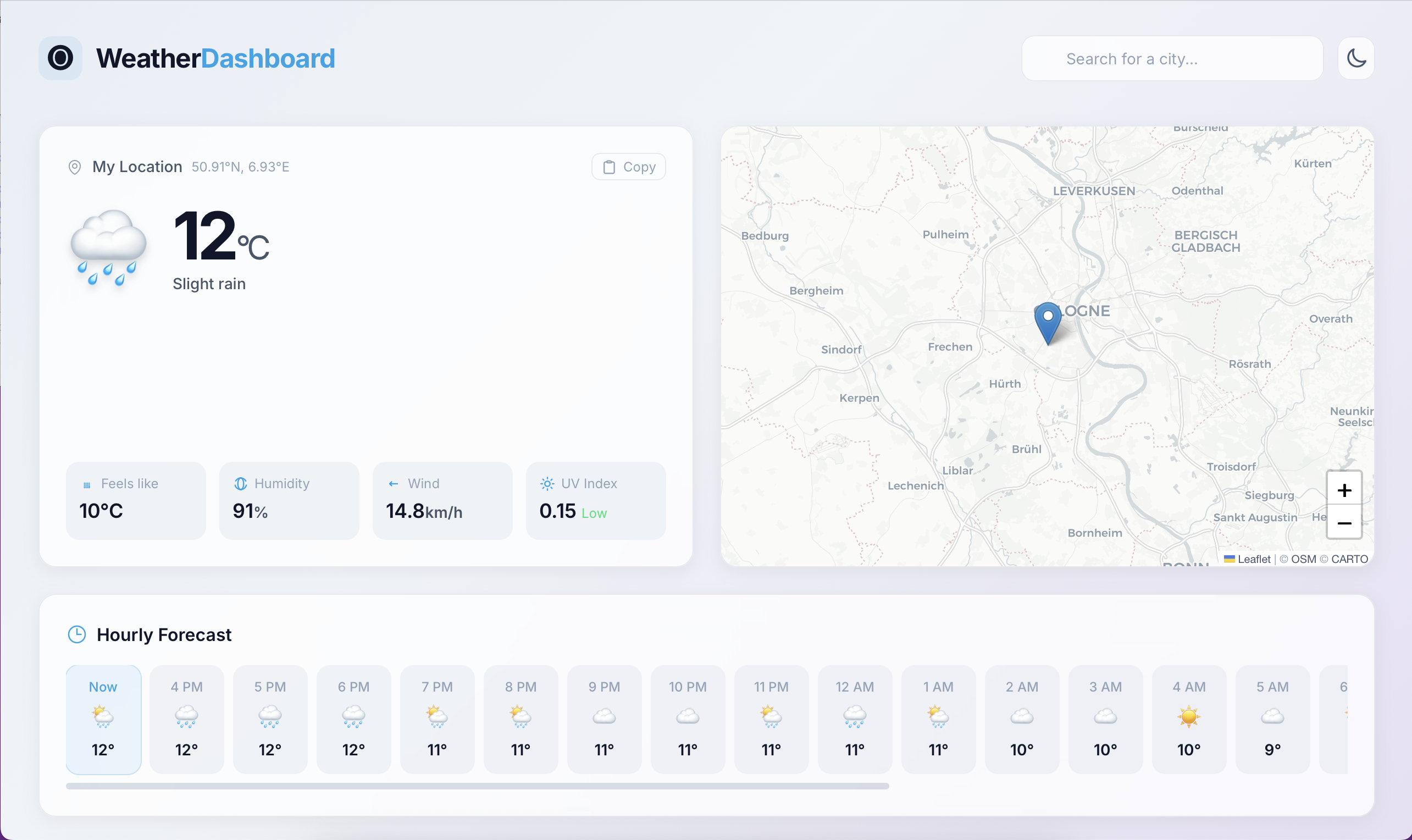 Main dashboard view: current conditions and the 12-hour hourly breakdown.